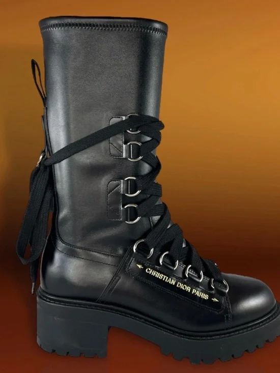 Christian Dior Black D-Fight Womens leather calf-high boots Size 37 from Italy - Picture 3 of 16